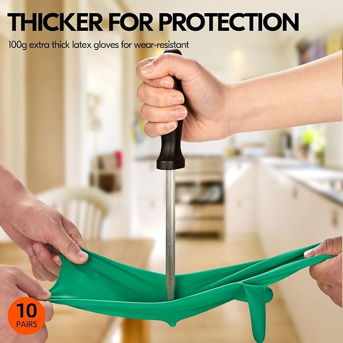 Vgo... 10-Pairs Reusable Household Gloves, Rubber Dishwashing gloves, Extra Thickness, Long Sleeves, Kitchen Cleaning, Working, Painting, Gardening, Pet Care (Size XL, Green, HH4601)