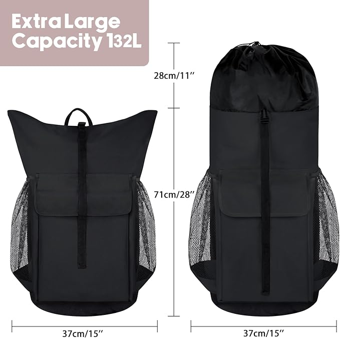Laundry Backpack Bag, 132L Extra Large Heavy Duty Laundry Backpack for College Dorm Essentials, Laundry Hamper Travel Bag with Shoulder Straps and Mesh Wash Bags for Laundromat, Apartment Black