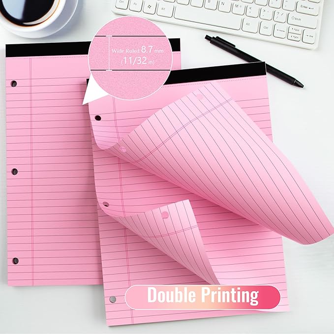 HAUTOCO 6 Pack 8.5 x 11 Legal Pads Pink Wide Ruled Notepads Perforated Writing Pads, 30 Sheets Per Notepad, 3-Hole Punched Paper, Writing Note Pads for School, Home, Office, Business