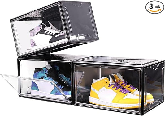 KDOR Clear Shoe Boxes Stackable, 3 Pack Shoe Storage Box with Lids Magnetic Door, Clear Sneaker Storage Acrylic Boxes for Display, Fit Shoe Size Up to US 15