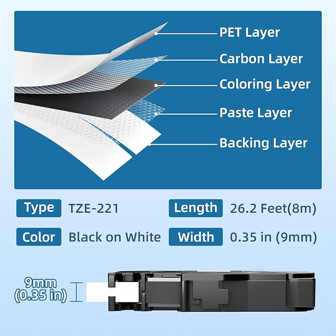 Airmall TZe-221 TZ Tape 9mm 0.35 Laminated White Replacement for Brother P Touch Label Tape 9mm Label Maker Tape Work with Brother Label Maker Tape PT-D210 PT-D220 PT-H103W PT-1890 PT-D600, 4-Pack
