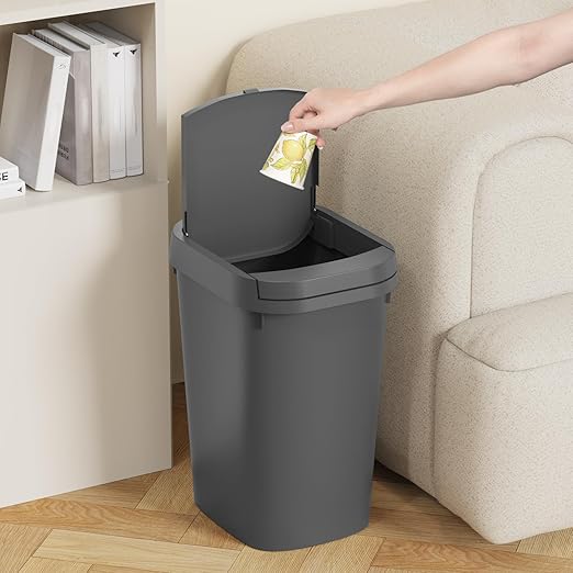 3 Pack Bathroom Small Trash Can with Lid, 2.6 Gallon Slim Garbage Bin with Pop-Up Lid, 10L Plastic Wastebasket for Bedroom, Office, Kitchen, Toilet (Gray)