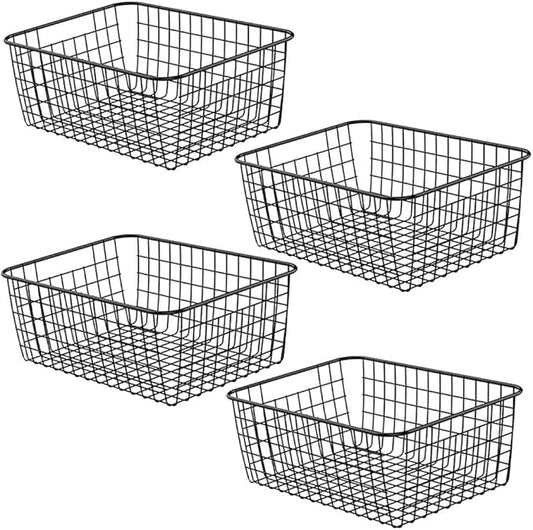 Metal Wire Basket Food Storage Organizer with Wooden Handles for Organizing Kitchen Cabinets, 4 Packs-Black-large
