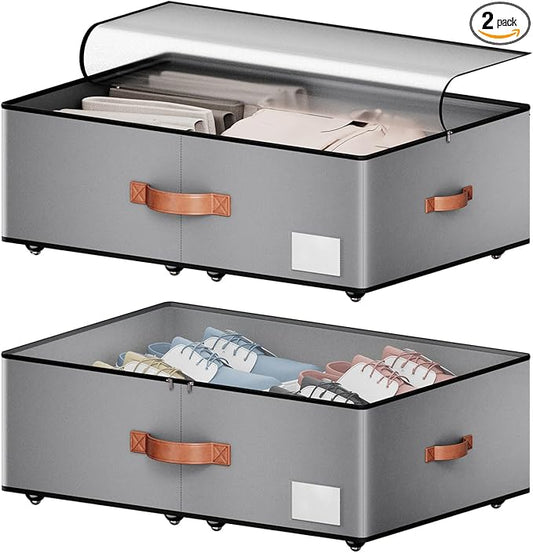 Under bed Storage With Wheels,Large Capacity 10 inches Height Storage Bins,Rolling Under bed Shoe Storage Containers,Under bed Storage Drawers for clothes & blankets