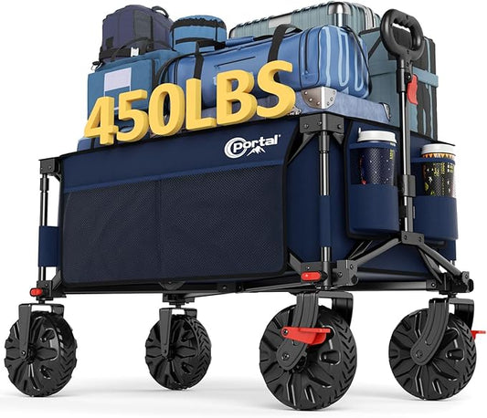 PORTAL Collapsible Wagon with Brakes, Heavy Duty Utility Cart with All-Terrain Wheels, Portable Folding Wagons for Camping, Beach, Garden, Shopping, and Groceries