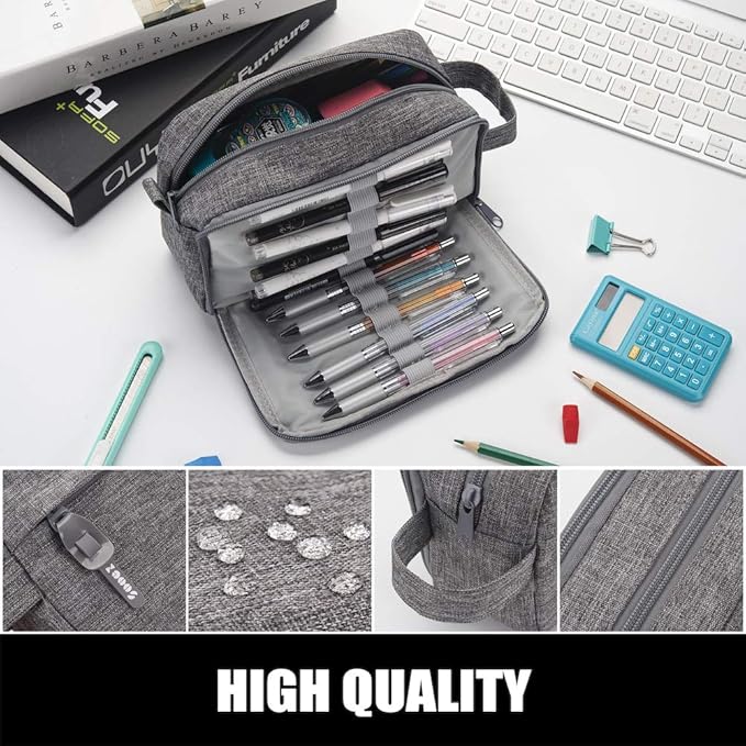 Sooez High Capacity Pencil Case, Big Pencil Bag Pouch Box Organizer Pen Case, Portable Journaling Supplies with Easy Grip Handle & Loop, Asthetic Supply for Girls Adults, Grey