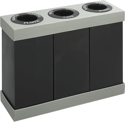 Safco Trash Can Recycle Bin Combo, 28 Gallon Each (3 Bin), At Your Disposal Recycling Center, Black/Grey