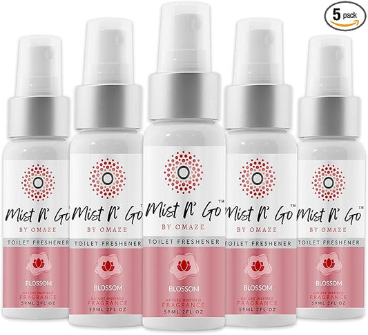 Mist N’ Go by Omaze Travel Bathroom Spray for Toilet Spray Odor Eliminator - Travel Toilet Spray for Bathroom Air Freshener Spray for Bathroom Deodorizer - Blossom Regular Size (2oz x5)