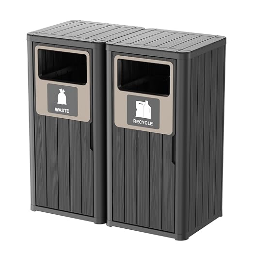 Outdoor Double Barrel Trash Can,Waterproof Resin Garbage Can with Garbage Labels,Durable Waste Bin for Porch, Backyard,Kitchen,for 30 to 39 Gallon Trash Bags