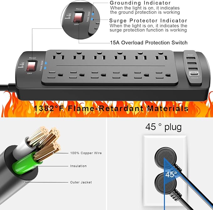 Power Strip, Tcstei Surge Protector with 12 Outlets and 4 USB Ports, 6 Feet Extension Cord (1875W/15A) for for Home, Office, Dorm Essentials, 2700 Joules, ETL Listed, (Black)