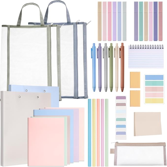 Colarr 54 Pieces Aesthetic School Supplies Including Pastel Highlighters Document Bags Pencils Notebooks Pencil Pouch Ink Pens Sticky Notes Erasers Back to School Gift Stationary Kit Supplies(Morandi)