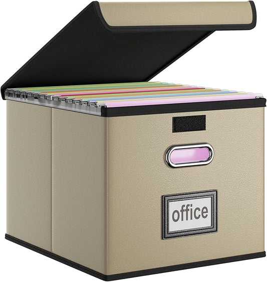 Huolewa Faux Leather File Organizer Box with Lid, Collapsible Hanging File Folder Box Organizer with Plastic Slides, Decorative Home/Office Filing System Boxes for File and Folder Storage-Khaki