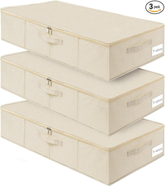 punemi Underbed Storage, 3 Pack Clothing Storage Bags W/Sturdy Handles, Large Capacity Underbed Shoe Container Organizer, Dorm Essentials Bins for Blankets, Pillows, Comforters & Quilts, Beige, 50L
