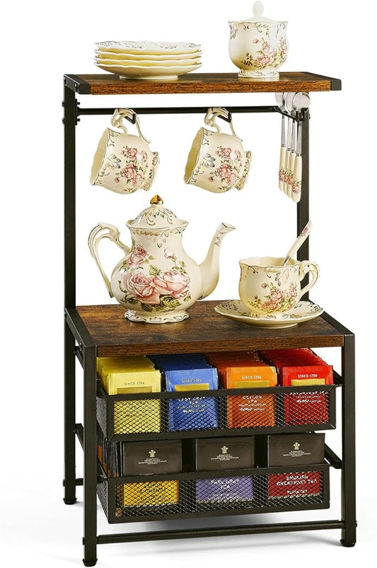 Pinzoveco Tea Bag Organizer, Large Tea Organizers and Storage Box,2 Drawers Tea Bags Holder Wood Tea Box Containers Tea Station Chest Display for Kitchen Organizers and Storage, Black