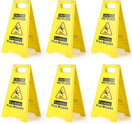 6-Pack Caution Wet Floor Sign,17.5" Height,Bright Yellow Double-Sided Folding A-Shaped Frame Design, Bilingual Caution Message