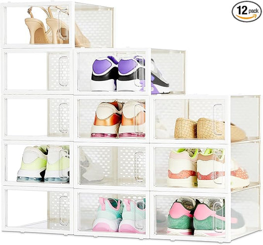 Amazon Basics Stackable and Foldable Clear Shoe Storage Organizer Box, Small, Pack of 12