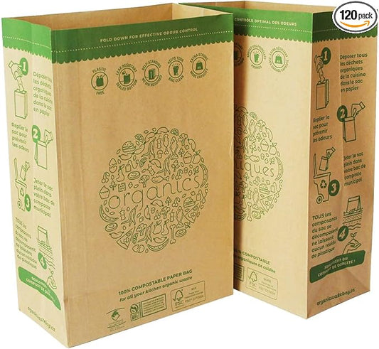 HYTREND-Kitchen Food Waste Bag-120 Bags-%100 Compostable paper Bag - Leak Resistant- Plastic Free - Small-Certified by BNQ and BPI