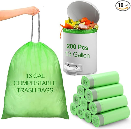 200 Count 13 Gallon Compostable Trash Bags with Drawstring Heavy Duty Extra Thick 1 Mil Kitchen Food Scrap Waste Bag Tear Resistant for Lawn Yard Home Kitchen Office