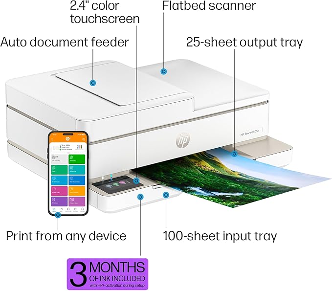 HP Envy 6555e Wireless All-in-One Color Inkjet Printer, Print, scan, Copy, Duplex Printing Best-for-Home, 3 month Instant Ink trial included (714N5A)
