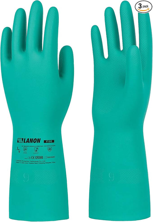 LANON 3 Pairs Nitrile Chemical Resistant Gloves, Reusable Heavy-Duty Rubber Gloves, Acid, Alkali & Oil Protection, Non-Slip, Large