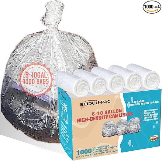 Trash Bags 8-10 Gallon, 1000 Count Bulk Value Pack, Clear Plastic Recycling Bags, Multi-purpose Garbage Bags Can Liners for Business Home Kitchen Commercial and Industrial