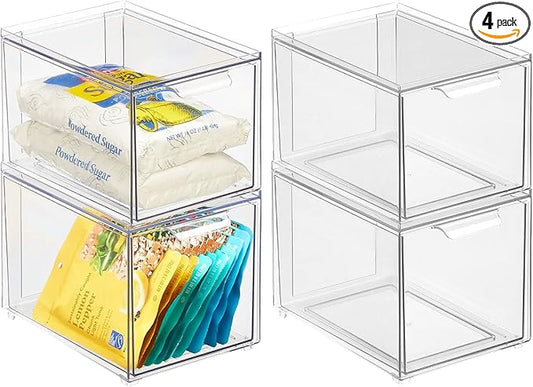 mDesign Plastic Pantry Organization and Storage Bin w/Pull Out Drawer - Slim Stackable Kitchen Supplies Storage Container for Organizing Cabinet, Fridge, Freezer - Lumiere Collection - 4 Pack - Clear