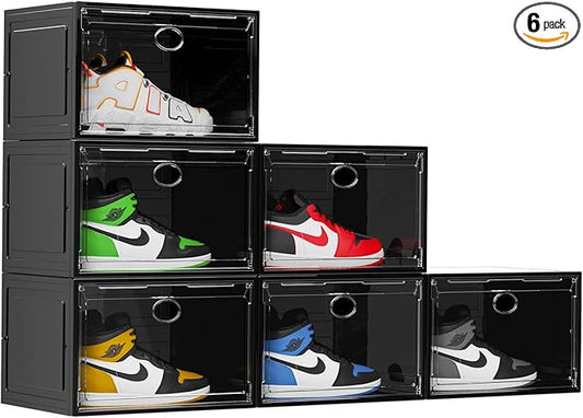 KEFA XL Shoe Storage Box Organizer, 6 Pack Shoe Boxes Clear Plastic Stackable, Sneaker Display Case Container Fit for US 13 (Side 6 PACK BLACK)
