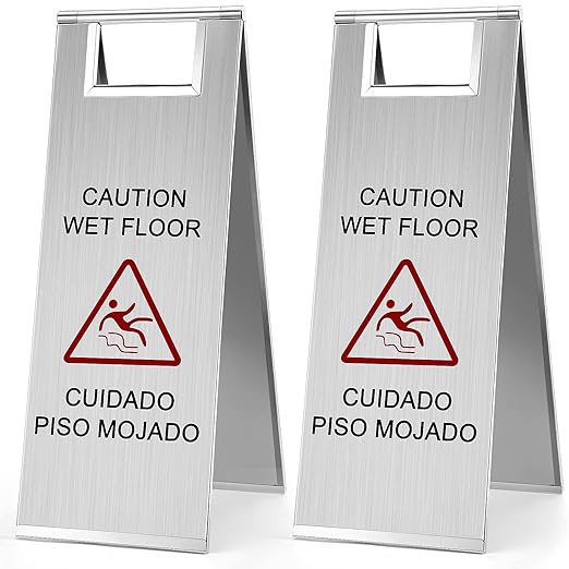 Kigley 2 Pcs Wet Floor Sign, 24 Inch Stainless Steel Caution Wet Floor Sign Double Sided Portable Foldable Bilingual Safety Warning for Hotel Market Restroom Restaurant Office (Silver)