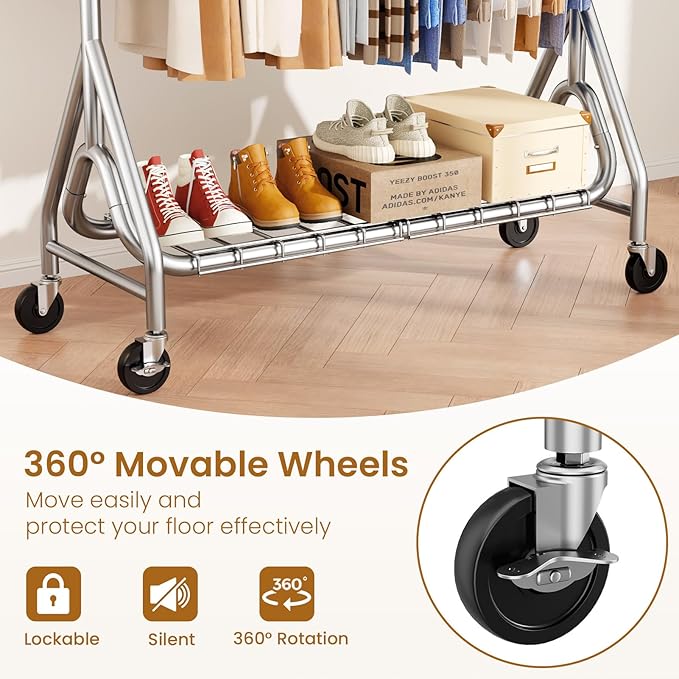 Double Rods Clothing Rack, Heavy Duty Clothes Rack for Hanging Clothes Load 560LBS, Metal Rolling Garment Racks with Wheels, Freestanding Clothes Hanging Racks, Silver