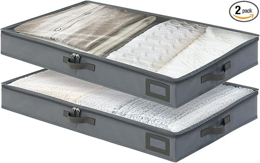 4-Inch Under Bed Storage Containers (2-Pack) | Sturdy Sidewalls | Clear Cover & Label Holder | Foldable Closet Organizer | Stores Clothing/Blankets/Sweaters/Sheets