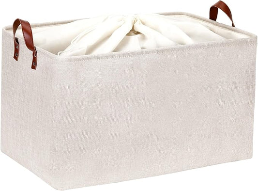 DULLEMELO Large Beige Storage Basket 70L Oversized Canvas Fabric Storage Bin, Collapsible Rectangular Toys Basket Organizer with Handles, 22X15 Storage Container for Clothes, Blankets, Pillows