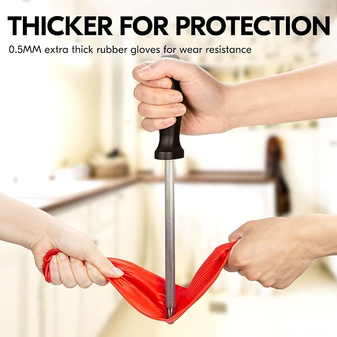 Vgo... 1-Pair Dishwashing Gloves, Reusable Household Gloves, Kitchen Gloves, Long Sleeve, Thick Latex, Cleaning, Washing, Working, Painting, Gardening, Pet Care (Size S,Red, RB2143)