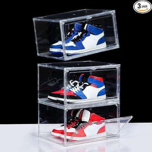 NYZE 3 Pack Acrylic Shoe Boxes Side Open, Clear Shoe Box Plastic Stackable, Shoe Storage Organizer with Magnetic Door, Shoe Display Shoe Containers with Lids Fits Up to Size 15