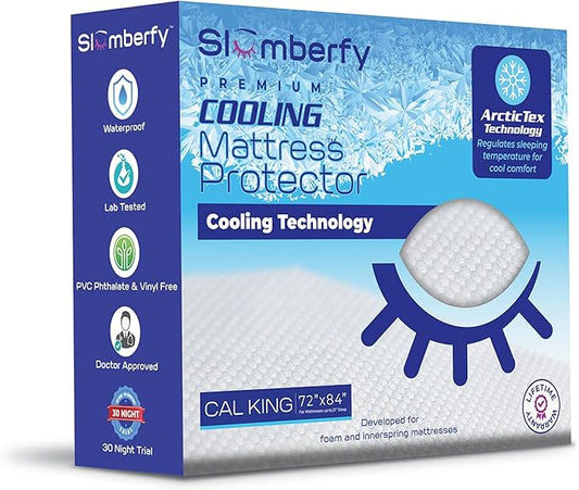 Cal King Size Waterproof Cooling Mattress Protector by Slumberfy - Premium Skin-Safe Cover, Natural Fabric with ArcticTex Technology, Noiseless Quilted Mattress Cover - 72x84 in.