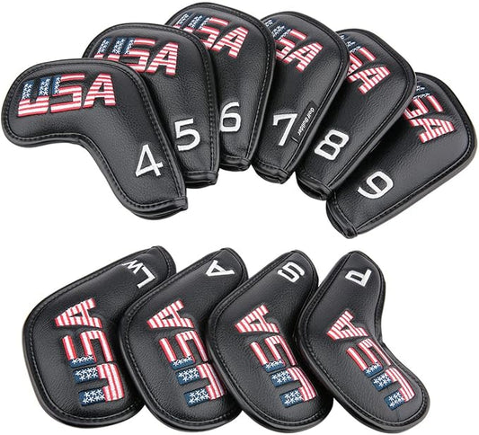 Golf Builder Black Leather USA Golf Club Iron Wedge Head Covers Fit All Brands