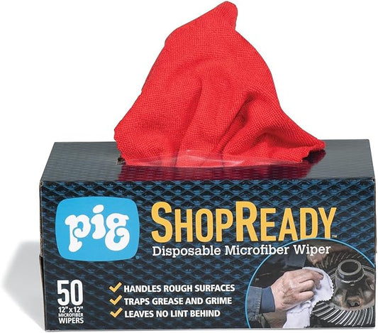 PIG ShopReady Microfiber Wipers| Durable Low-Lint Microfiber Rags | 50 per box | 12" W x 12" L | Red | PM50808-RD