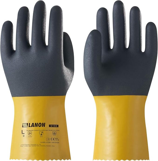 LANON PVC Chemical Gloves, Thick Rubber Work Gloves, Heavy-Duty, EN 374/388, Acid, Alkali and Oil, Non-Slip, XXL