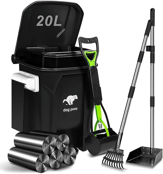 Dog Poop Trash Can Outside with Pooper Scooper and Metal Rake & Tray, 20L/5Gal Dog Waste Trash Can with Lid, Pedal and Removable Inner Waste Bin, Pet Poop Bin with 100 Bags