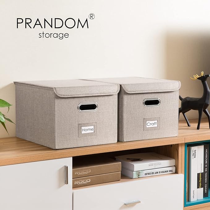 PRANDOM File Organizer Box - Set of 2 Collapsible Decorative Linen Filing Storage Hanging File Folders with Lids Office Cabinet Letter Size Light Grey (15x12.2x10.75 inch)