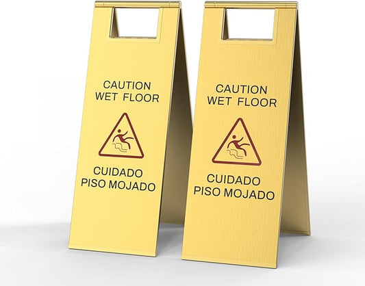 2 Pcs Wet Floor Sign, 24 Inch Gold Stainless Steel Caution Wet Floor Sign Double Sided Foldable Bilingual Commercial Safety Warning for Hotel Market Restroom Restaurant Office