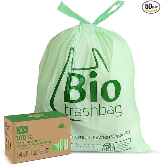 8 Gallon Compostable Trash Bags, 50 Count Drawstring Trash Bags Biodegradable, Heavy Duty Extra Thick Compost Bags, Kitchen Food Scrap Waste Bag, US BPI and OK Compost Home Certified