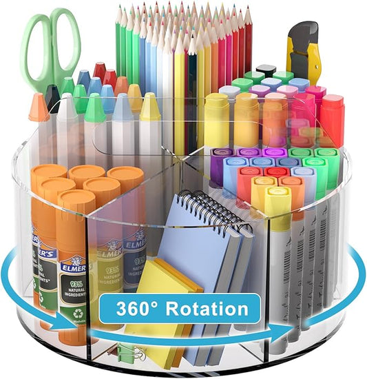 Acrylic Pen Holder for Desks, Acrylic Desk Organizer Clear, 360 Degree Pencil Holder for Desk Kids, Rotating Desk Organizer Rotating Pen Holder for Desk, Art Supply Storage Organizer 6 Compartments