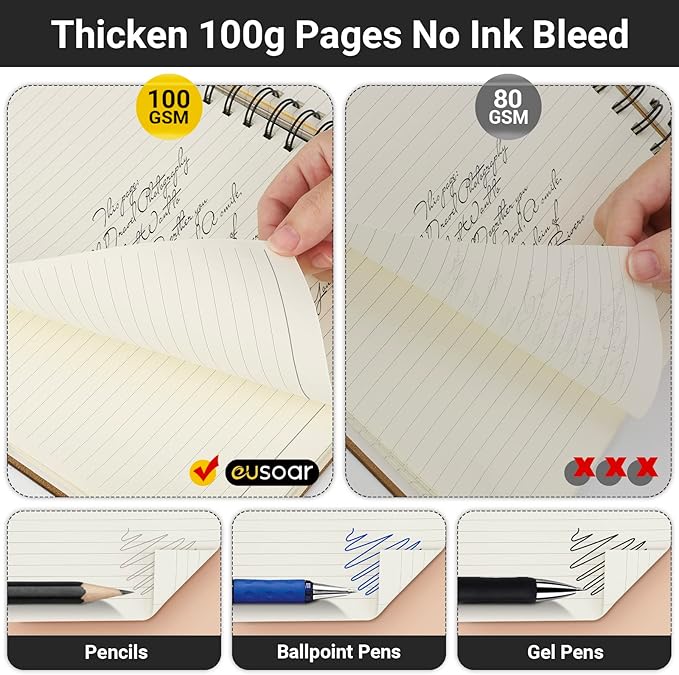 EUSOAR 5 Subject Spiral Notebook, 1pcs A4 11" x8-1/2 College Ruled Writing Pad, 100GSM 120Sheets/ 240Pages of Lined Paper, Thick Hardcover, for Traveling Students, Office and Business, Kraft