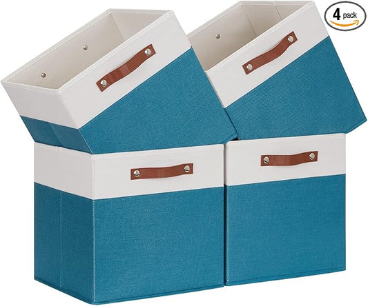 Temary Cube Storage Bins Storage Cube Bins for Home, 4 Pack Fabric Storage Bins for Organization, Storage Cubes 13x13 Cube Baskets with Leather Handles (White&Teal)