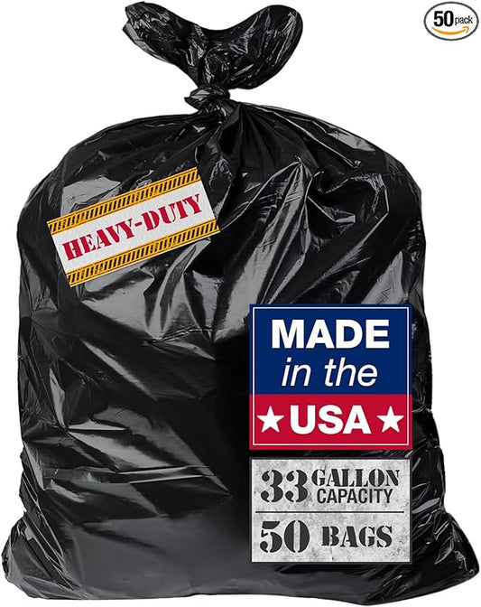 32-33 Gallon Heavy Duty Trash Bags – 50 Count Large Black Garbage Bags for Outdoor Bins, Contractor, Lawn, and Commercial Use – 2.5 Mil Thick Can Liners, 61" x 68"