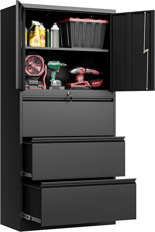 3 Drawers Lateral File Cabinet with Lockable Drawer and Door- Large Steel Filing Cabinet for Home Office Hanging Files Letter/Legal/F4/A4 Size