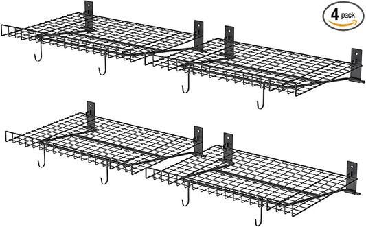 4 Pack Foldable Wall Shelf, Wall Mounted Garage Storage Shelves, Heavy Duty Wall Shelving Supports Up To 180 LBS. Floating Shelves With 8 Hooks Metal Storage Rack for Office, Kitchen and Laundry Room