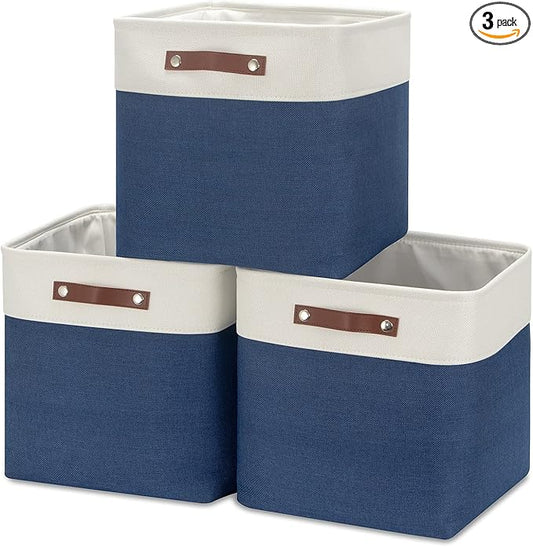 HNZIGE Baskets Fabric Storage Cubes Bins Baskets(3 Pack) Storage Baskets Cube for Shelf, Large Collapsible Organizer Closet Baskets,13x13 Toy Baskets with Leather Handle(White&Blue)
