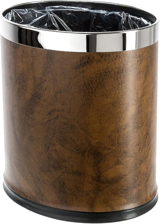 Invisi-Overlap' Open Top Leatherette Trash Can, Small Office Wastebasket, Modern Home Décor, Oval Shape (Brown)