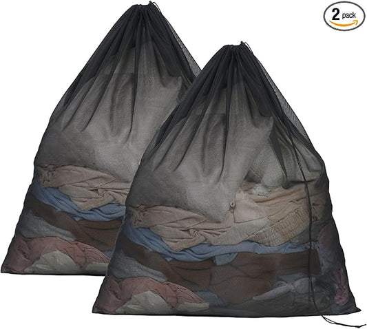 OTraki 2pcs Ex Large Mesh Laundry Bags 36x43 Inch Fine Mesh Washing Bag Drawstring Dirty Clothes Machine Washable Net Laundry Bag Heavy Duty Garment Bag for Home Travel Dorm Black